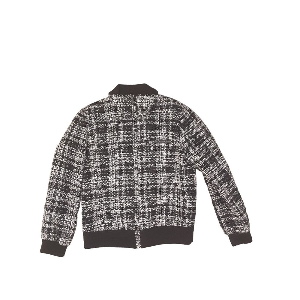 Chico's Bomber Jacket Women Size Chico 2 US 12 Full Zip Tweed Plaid Black White